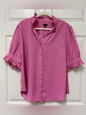 Ann Taylor Fuchsia Ruffle-Neck Button Blouse
